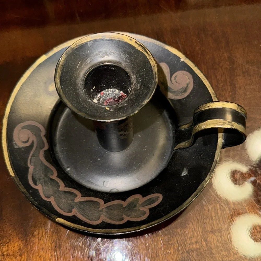 Centrum Company Vintage Black Painted Metal Tapered Candle Holder w Handle